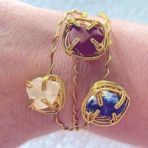 NWOT 3 BOHO HANDMADE Gold tone wire natural stone bracelet /cuffsSticking Stuff